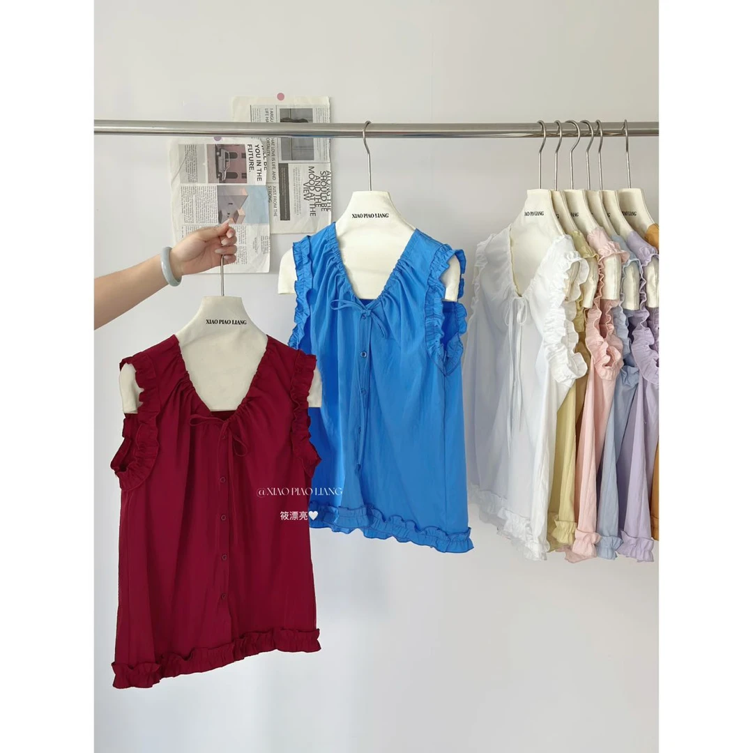 夏季韩系新款甜美减龄木耳边V领系带设计感单排扣小衫0114# lz