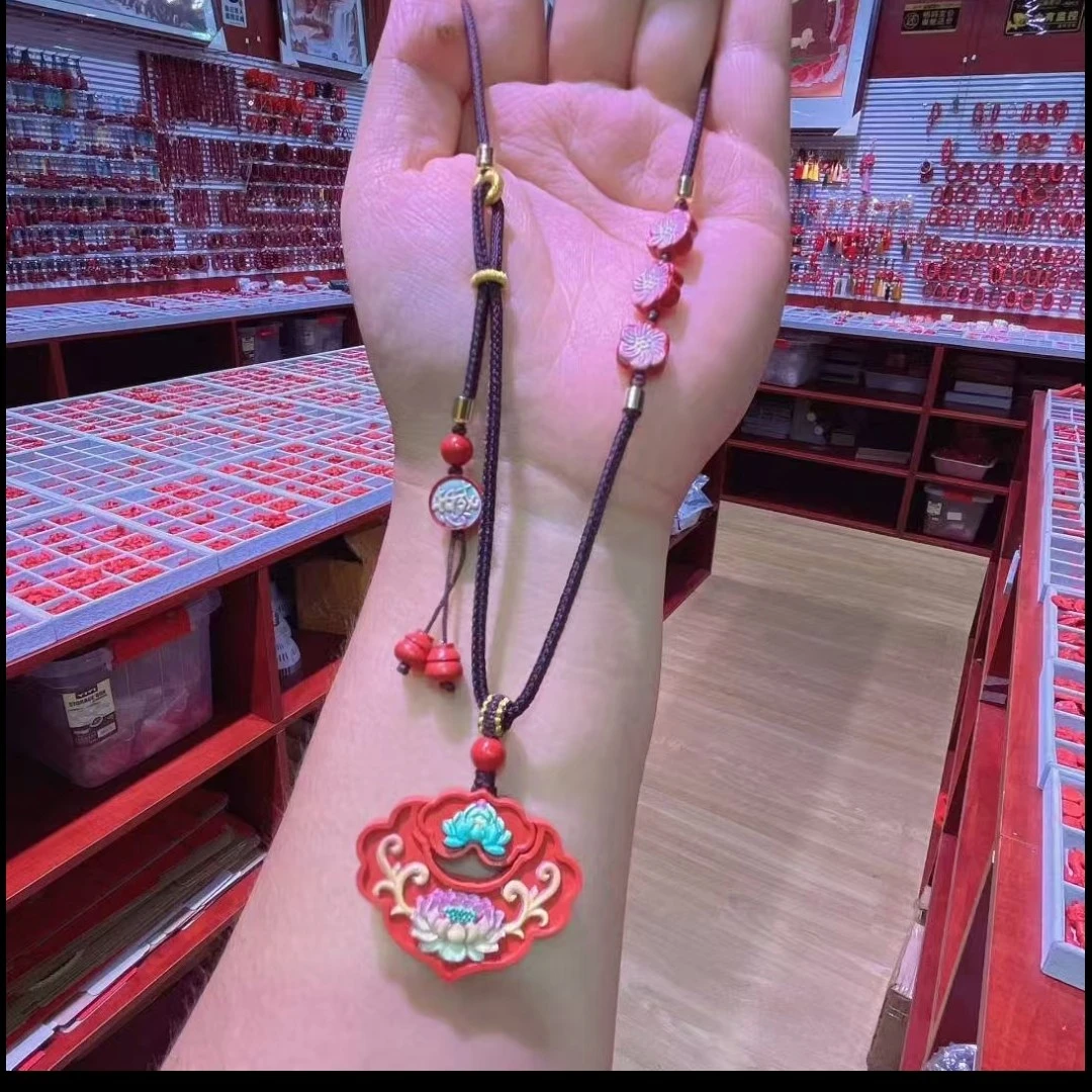 含辰砂工艺品水飞砂手绘平安如意锁项链