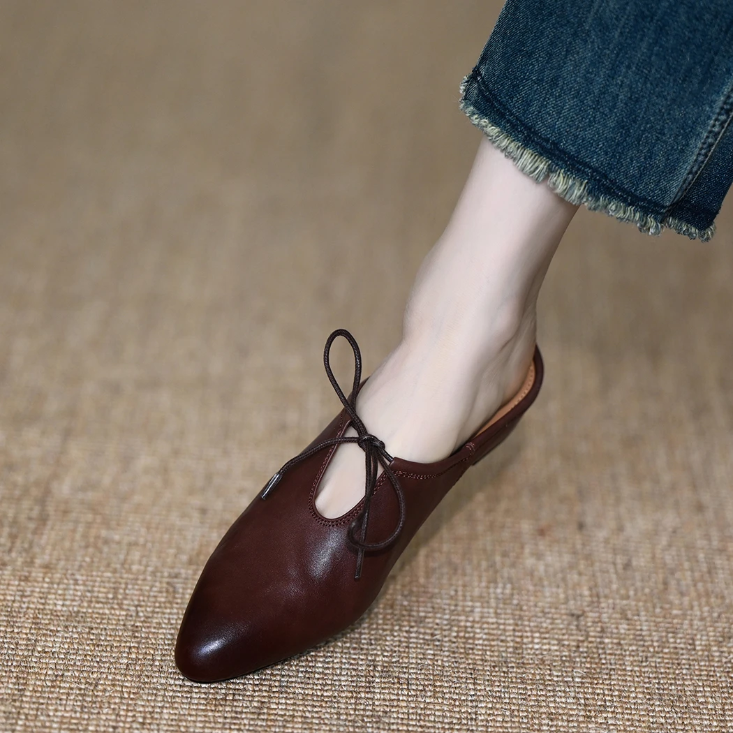 真皮包头拖女2025新款复古擦色半拖外穿低粗跟蝴蝶结凉拖鞋