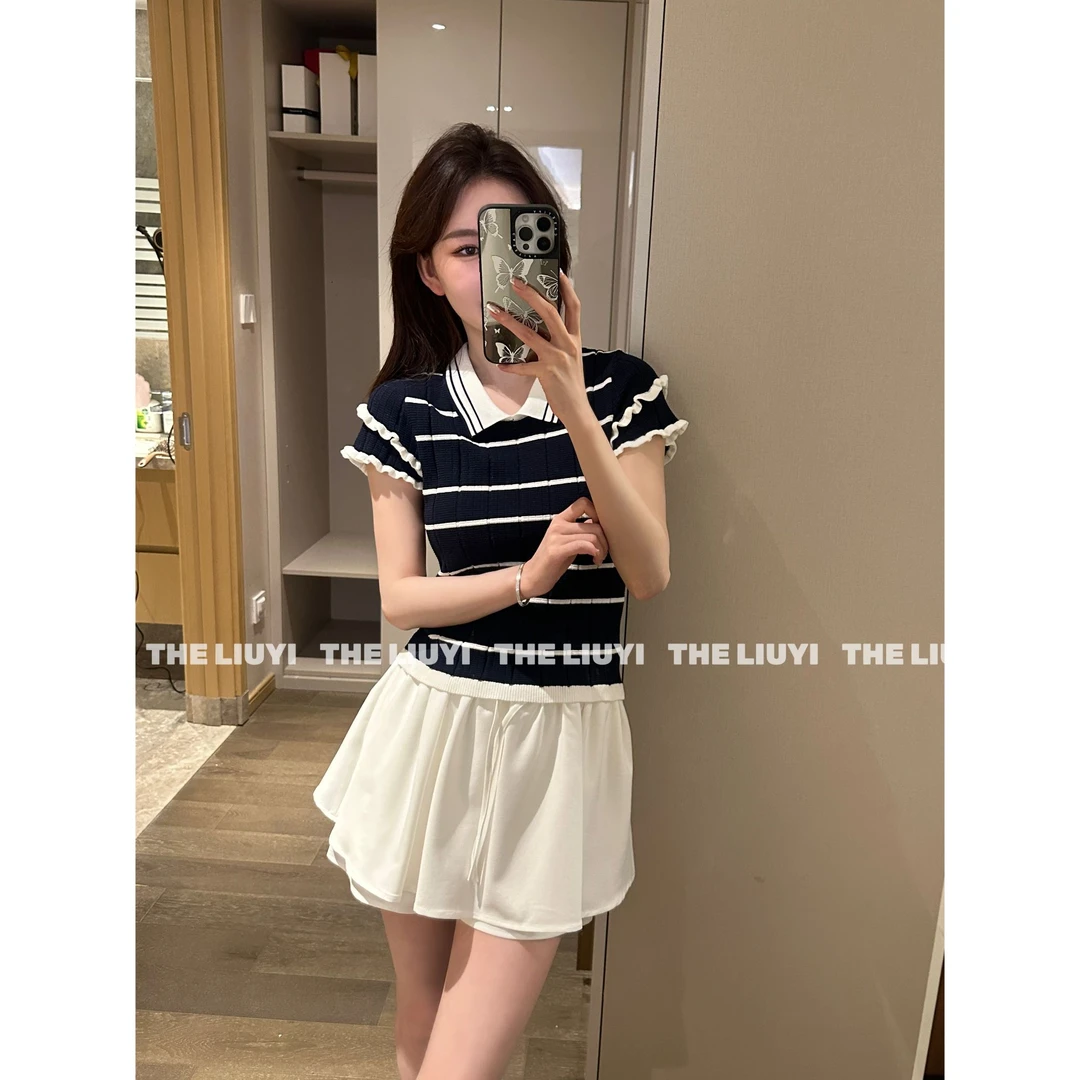 【LIUYI】新款减龄条纹撞色翻领针织56184