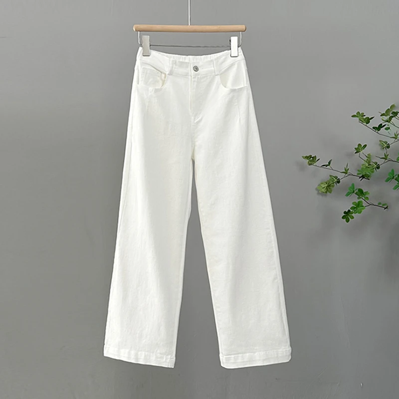 145cm小个子白色纯棉休闲裤女春秋薄款窄版阔腿裤2025新款直筒裤