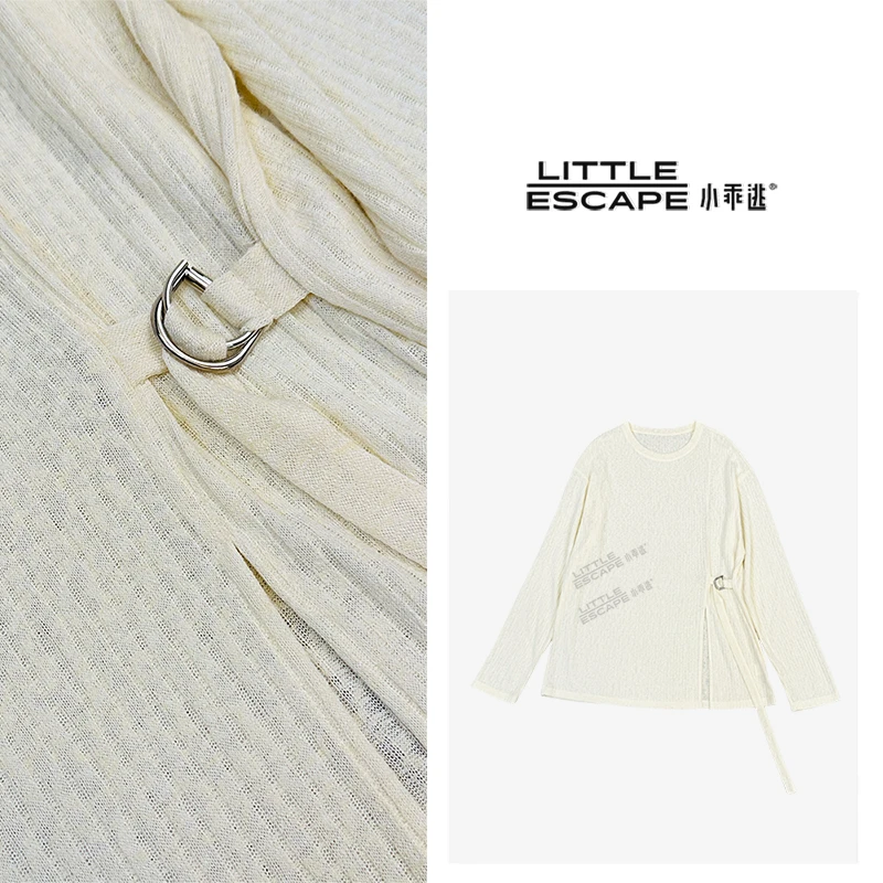 小乖逃X圆领打底极光条黄色T恤环扣下摆开叉竖条上衣 K6119