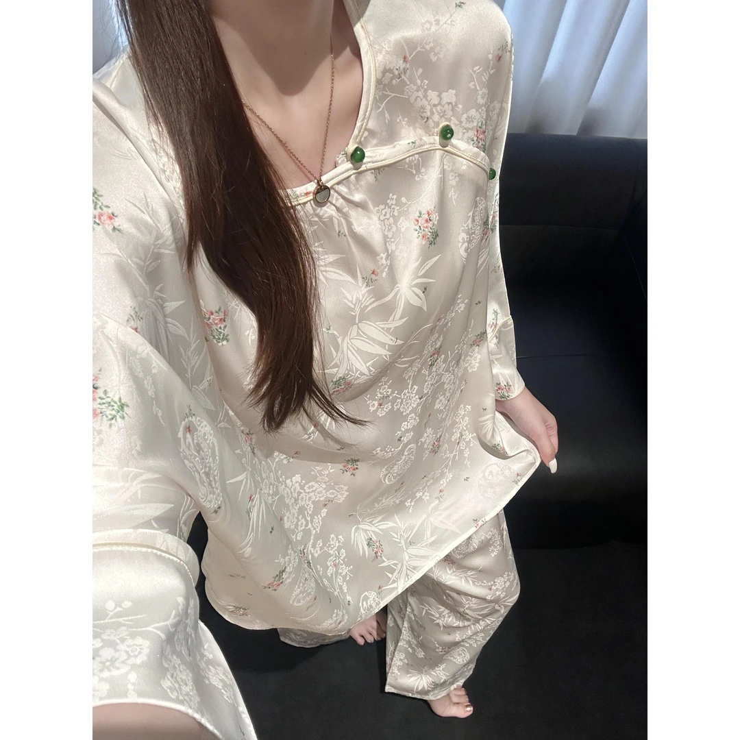 新中式国风高级感提花睡衣女款夏季新款可外穿休闲冰丝家居服套装