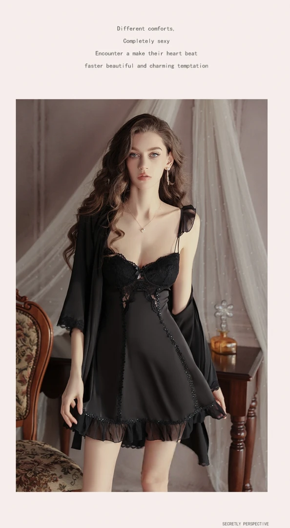 甜美蕾丝装饰性感带胸垫V领薄款女士睡裙外袍