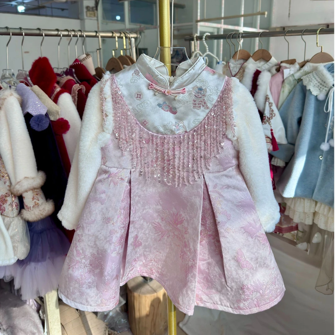 流苏旗袍夹棉衣裙秋冬款小女孩女童