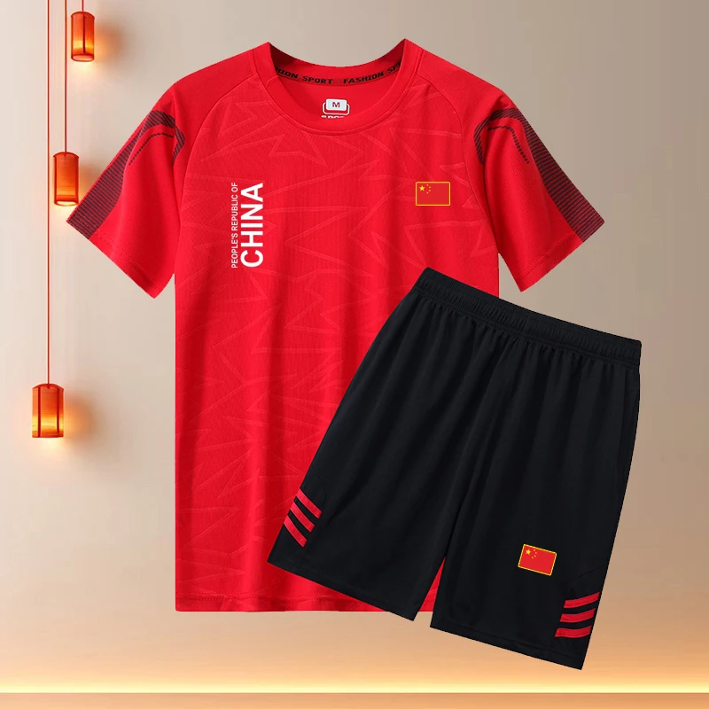 中国队China跑步运动服套装男夏季健身速干运动短袖短裤运动套装