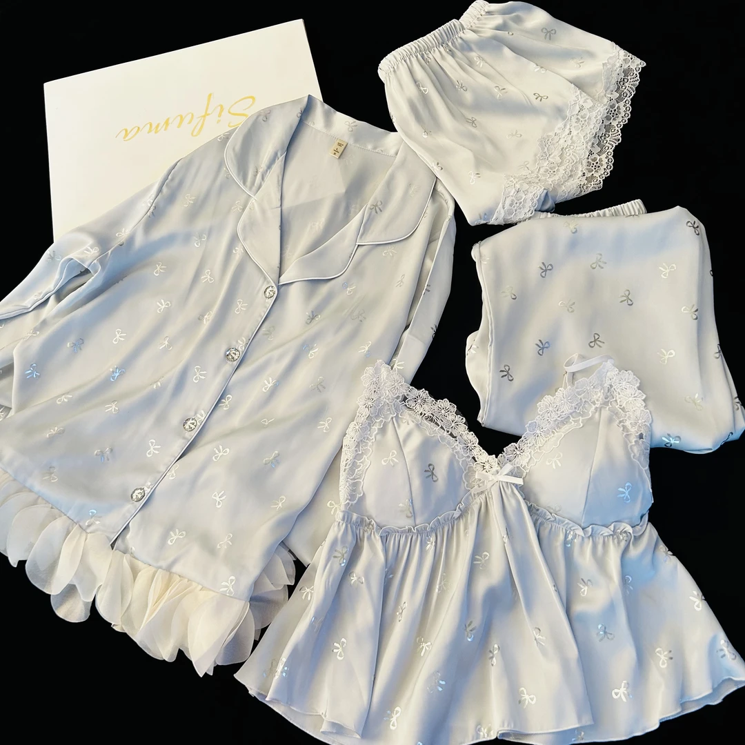 【带胸垫】2025年春夏新款四件套睡衣女冰雪丝提花休闲家居服套装