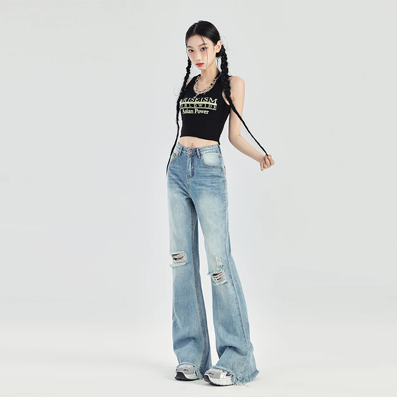 爆款破洞毛边微喇牛仔裤女2025年夏季新款高腰显瘦百搭拖地长裤子