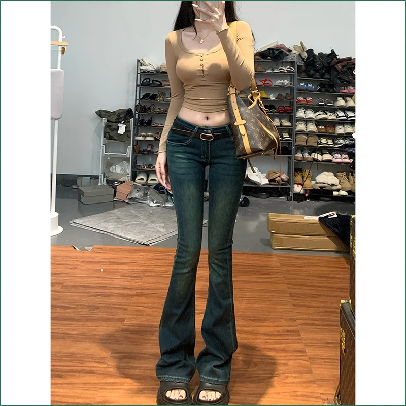 低腰性感紧身微喇牛仔裤女2025夏季新款弹力修身显瘦显腿细拖地裤