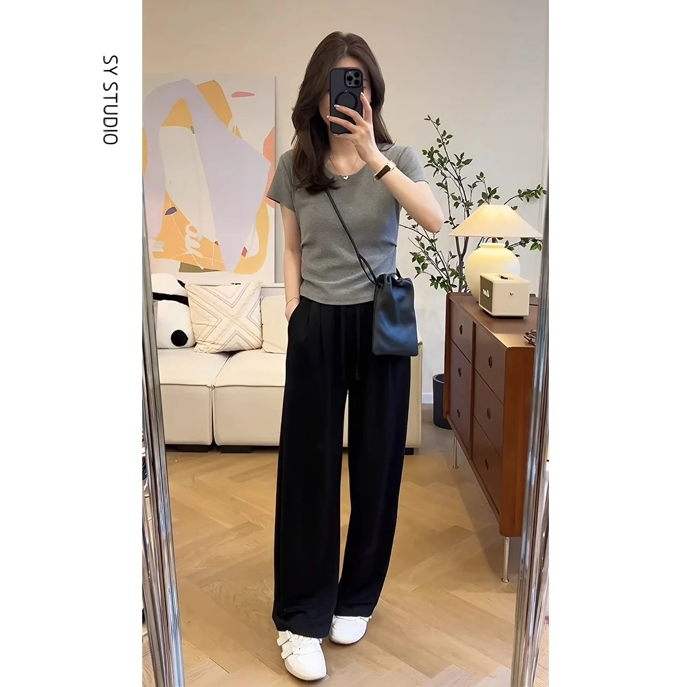 套装女2025夏季新款女装简约百搭纯色短袖T恤女高腰休闲裤两件套