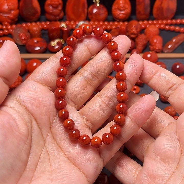 南红玛瑙未镶嵌配饰火焰纹圆珠手串8mm