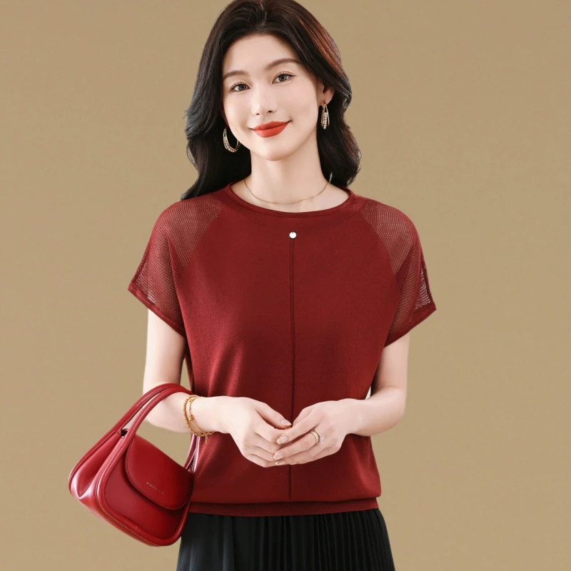 2025夏季新款飞飞袖上衣高级感宽松短袖t恤薄款镂空冰丝针织衫女