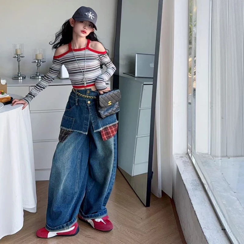 女童牛仔裤套装2025秋季新款露肩针织衫长袖T假两件屁帘阔腿裤潮