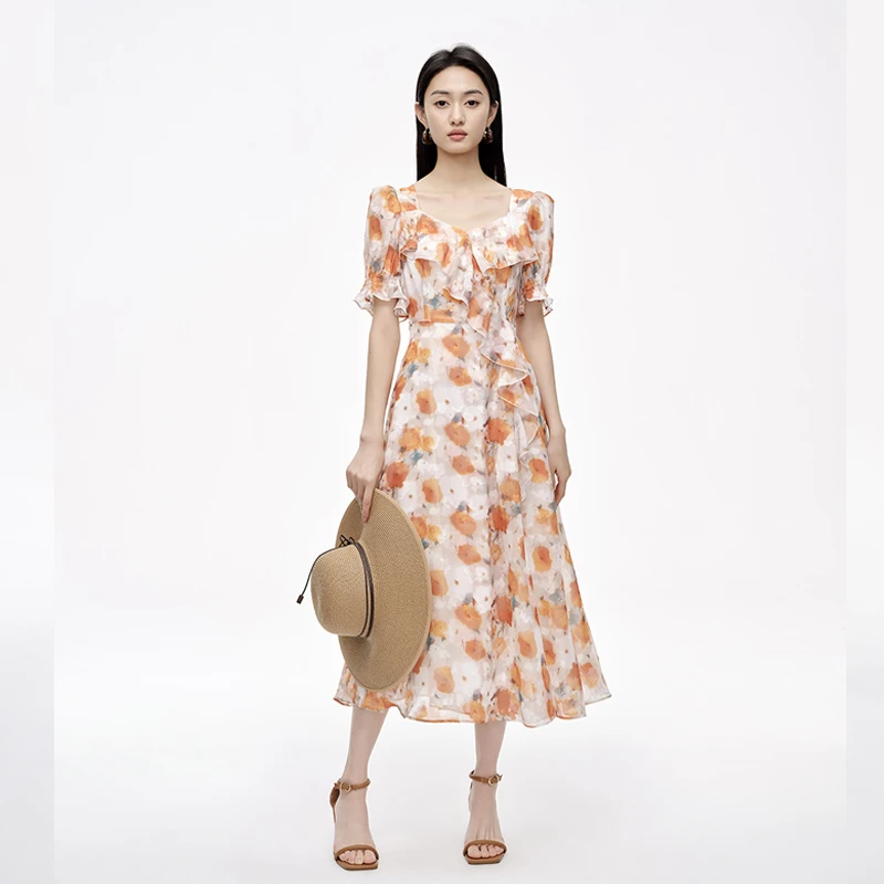 【丽公主】商场同款夏季晕染复古方领雪纺连衣裙N196A42058