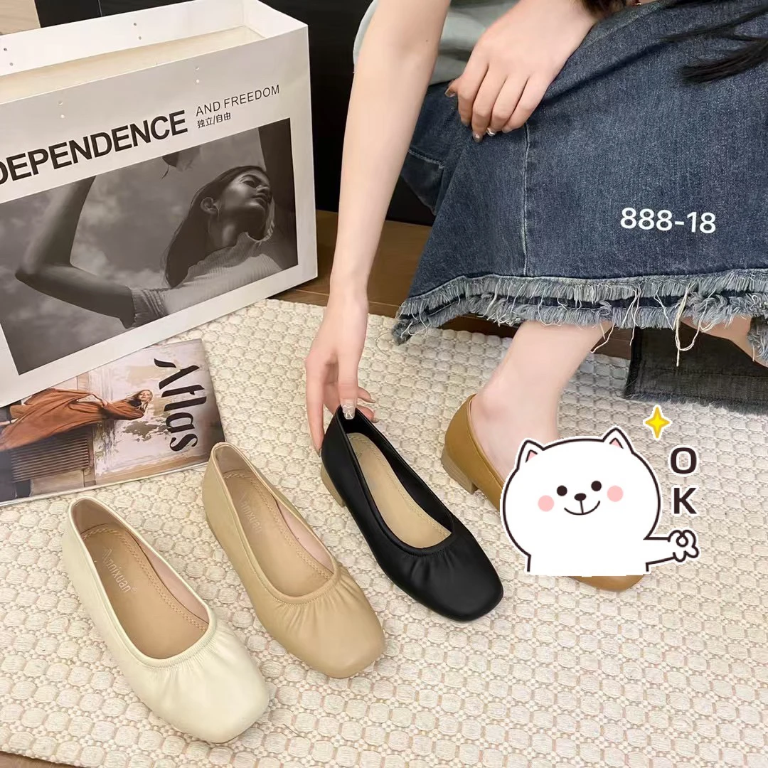 方头平跟低跟浅口透气舒适豆豆鞋女鞋软底平底网红