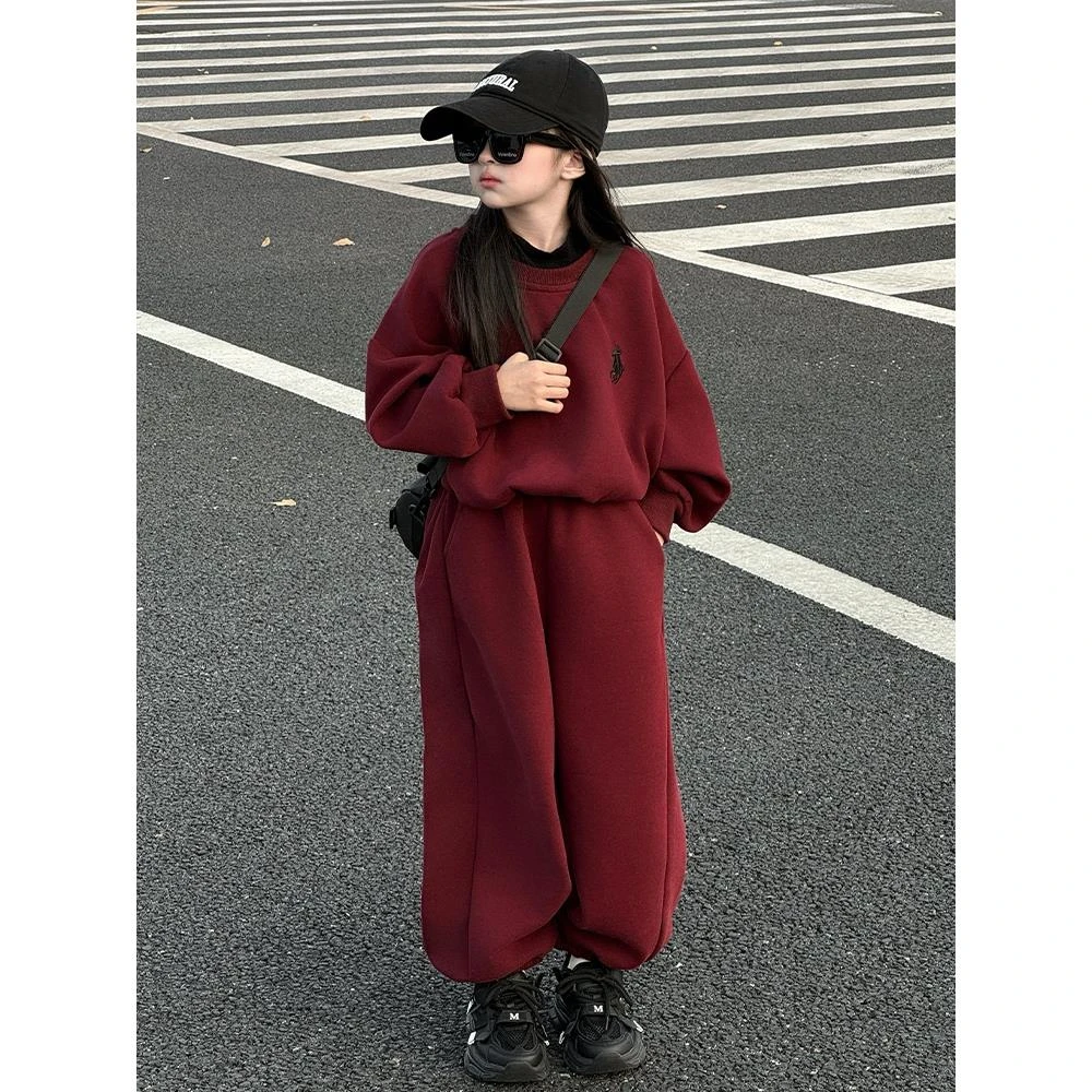 女童卫衣套装秋冬2025新款儿童运动服女孩大童加绒红色本命年衣服