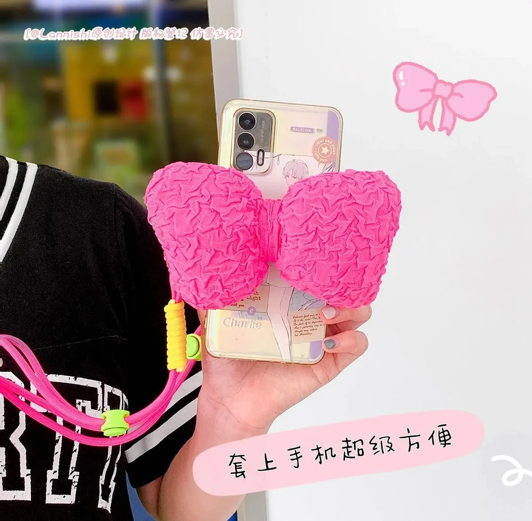 卡通手机防丢防摔通用背夹斜挎挂绳挂脖网红草莓大蝴蝶结韩系小众