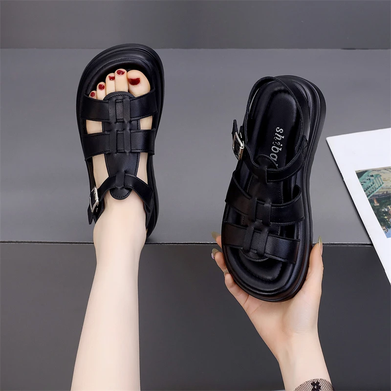 2025年夏季新款厚底罗马凉鞋女时尚复古百搭扣带沙滩鞋增高软底鞋