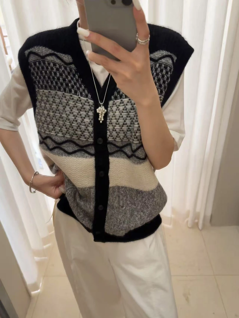 25秋冬撞色提花针织无袖马甲女买手店3127