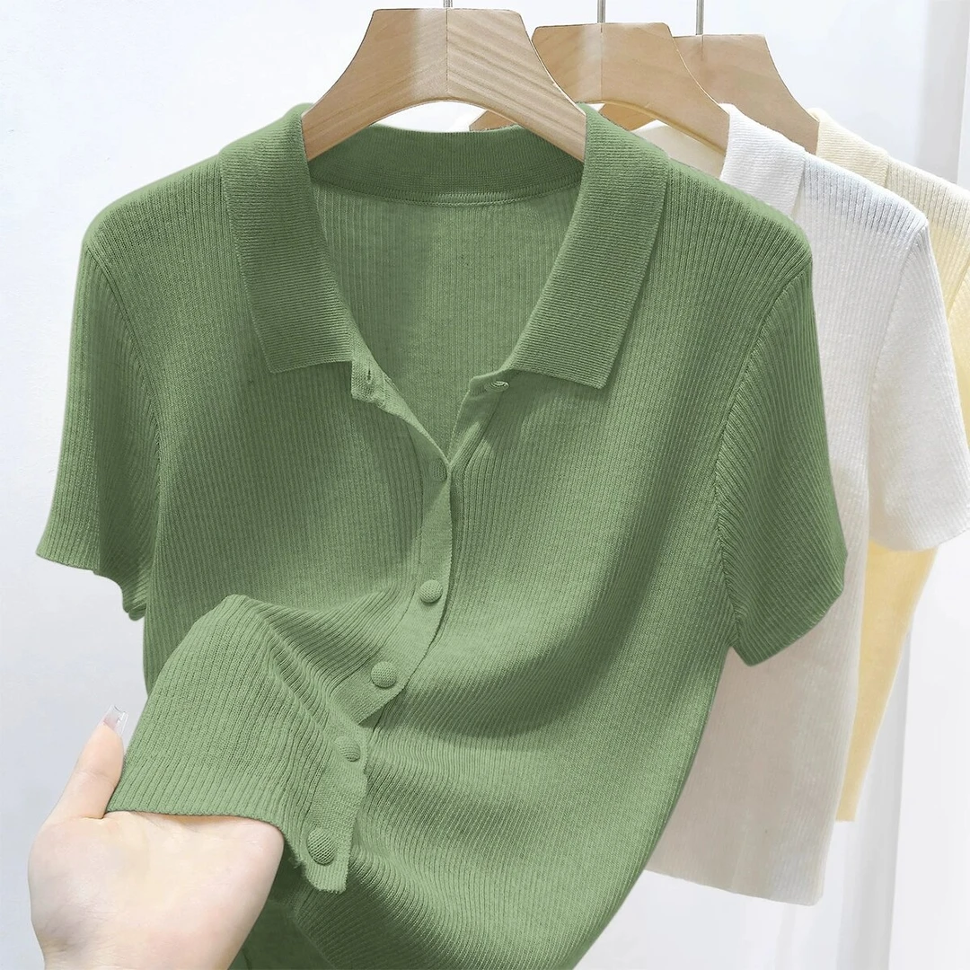 2025夏季新款宽松气质短袖针织开衫POLO领燕麦色显瘦T恤上衣女装