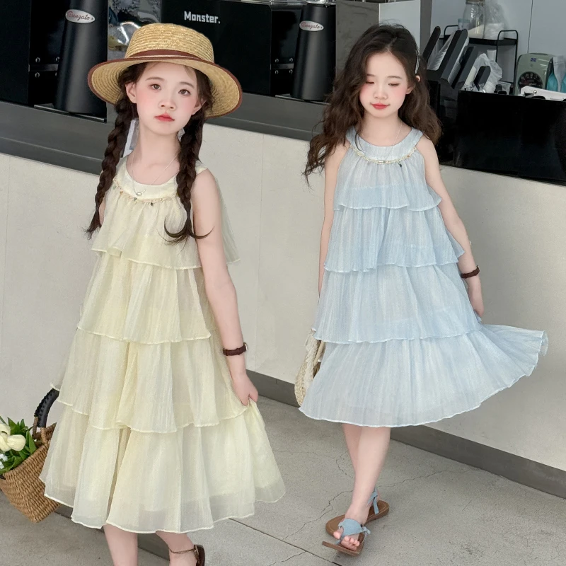 女童夏季时髦无袖连衣裙2025新款中大童洋气甜美度假风吊带蛋糕裙