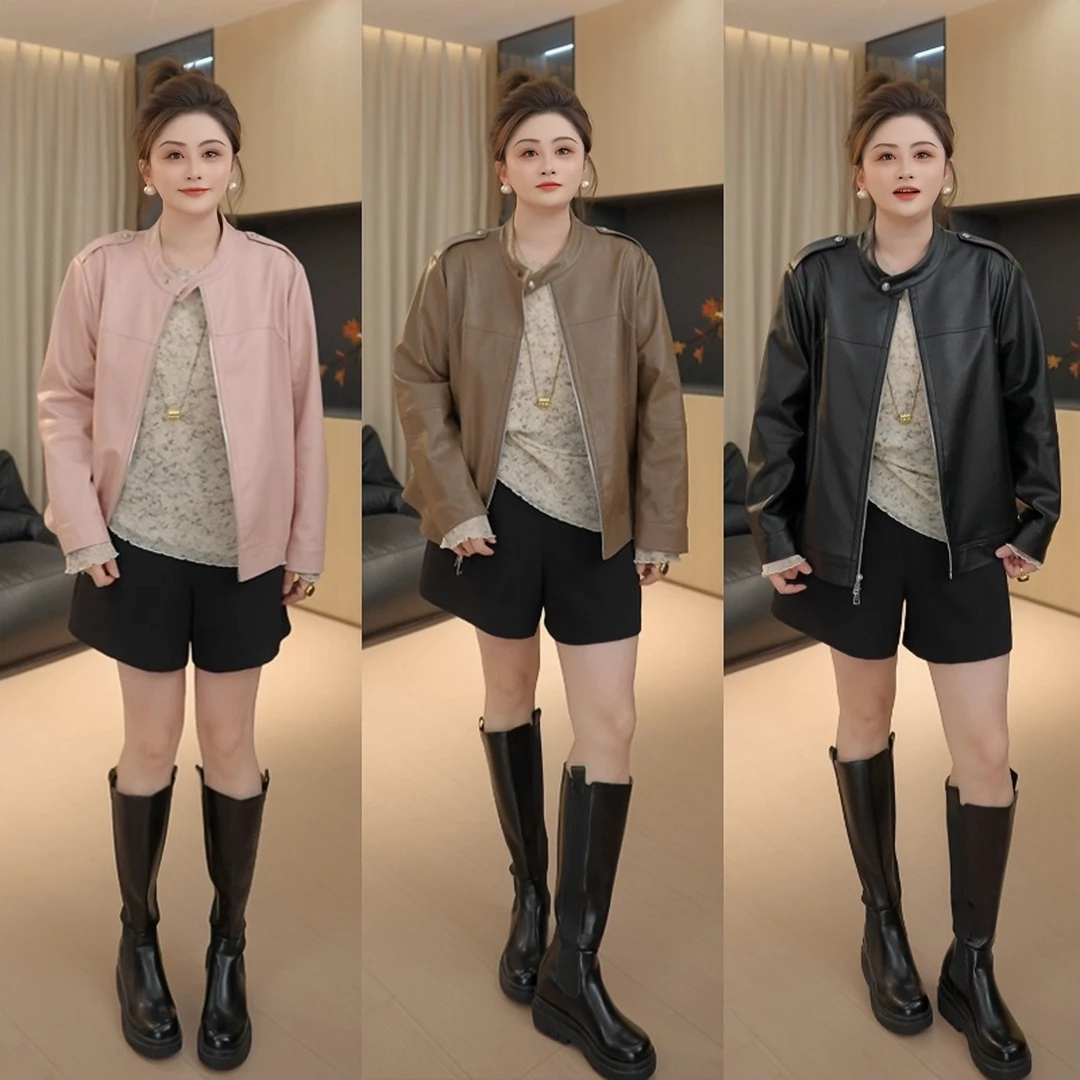 【胖佳佳】现货~挚爱 立领皮衣秋季气质时尚机车服外套H625T12805