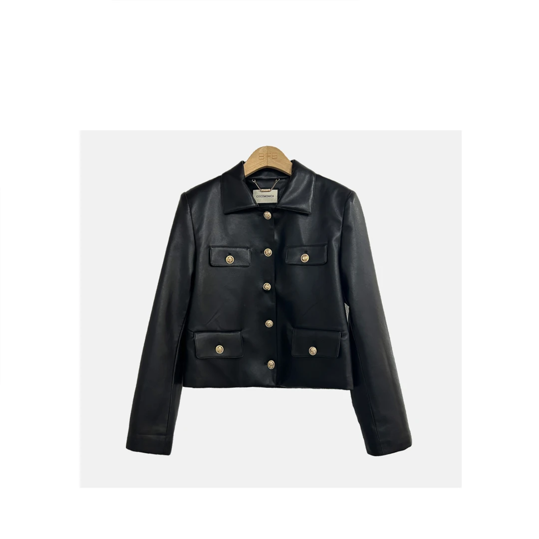 【现货】小香外秋冬小众设计感黑色短款高级感小个子小皮衣95005