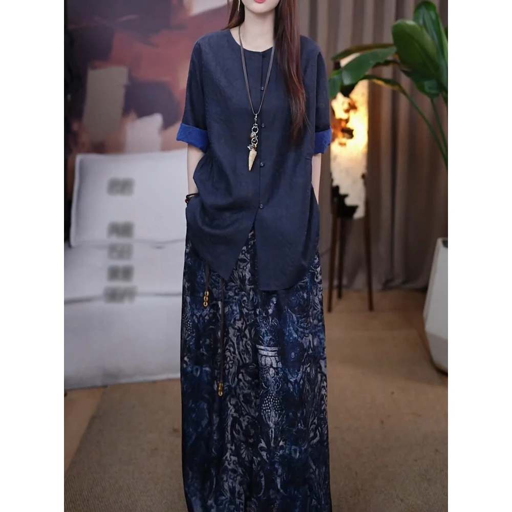 国风复古纯色圆领裤套装2026新夏季新款经典显瘦上衣+印花阔腿裤