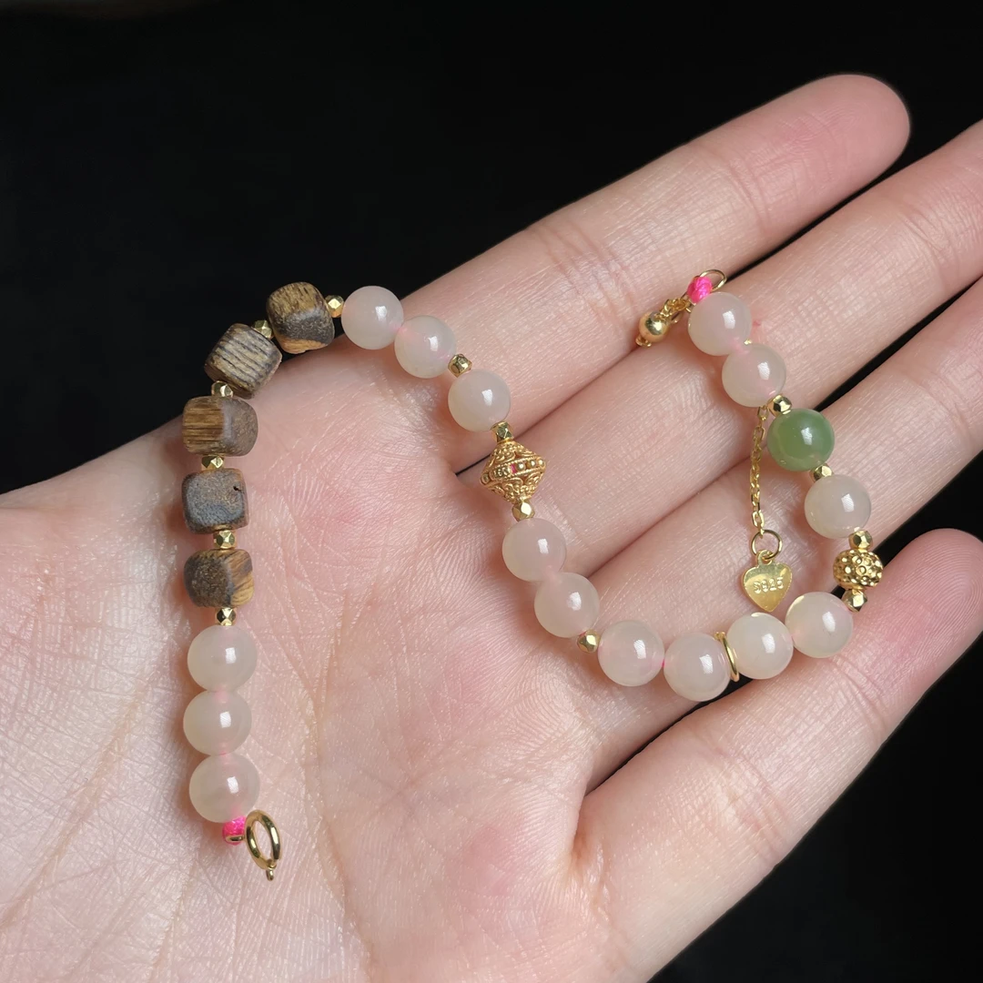 L【玉氏珠宝】925银和田玉藕粉手链-约6mm 多样性发一 CAN060901