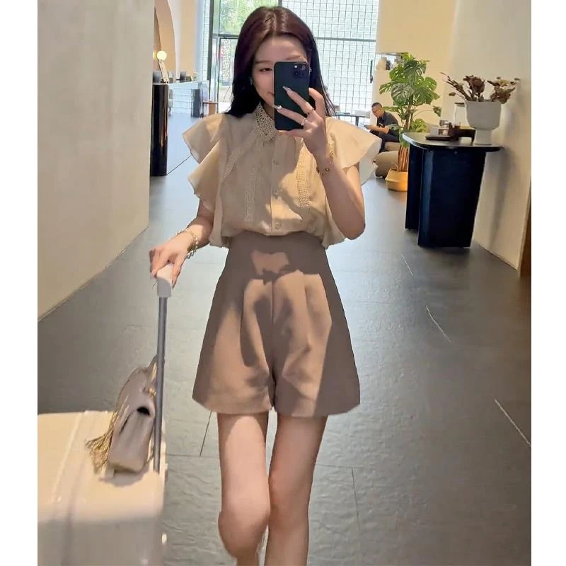 VOCKOO官方夏日穿搭一整套2025新款设计感小飞袖蕾丝雪纺衬衫高腰