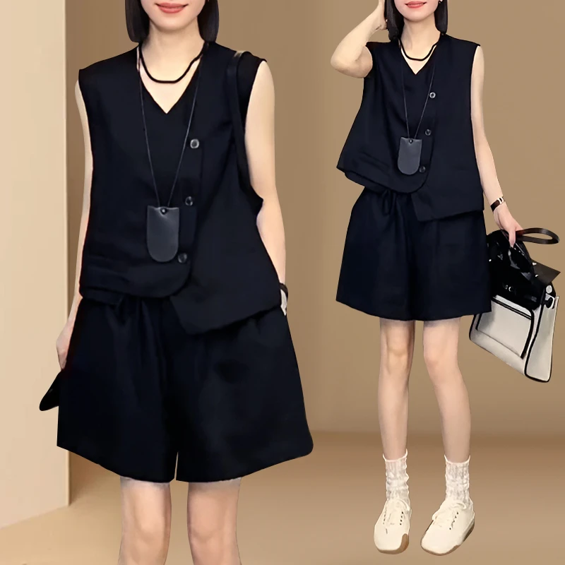 欧货气质短款V领上衣短裤西装两件套女夏季2025新款休闲时尚套装
