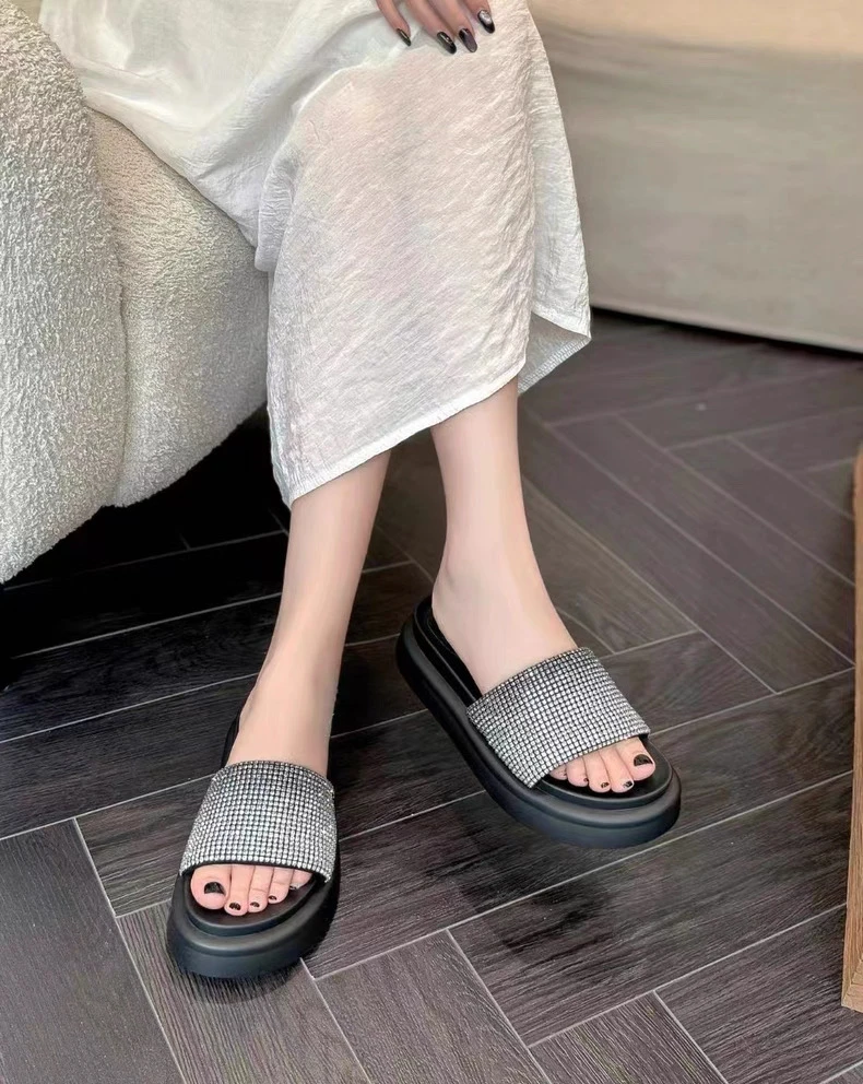 C6045 黑色  时尚气质厚底2025露趾夏季女凉拖鞋