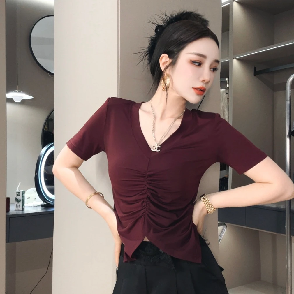 莎火火-洋气时髦t恤女冰丝水晶棉修身显瘦褶皱v领短袖体恤衫3017