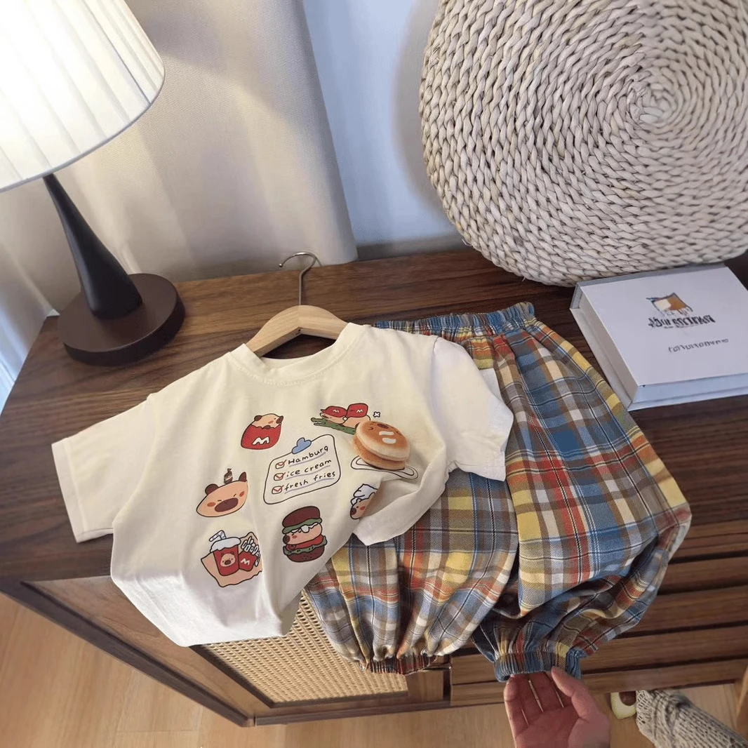 男女童休闲束脚裤格子套装夏天新款儿童卡通上衣短袖T恤洋气外穿