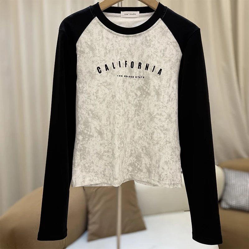 zaw大码加宽加大女装撞色扎染长袖t恤女胖mm洋气遮肚子上衣/25368