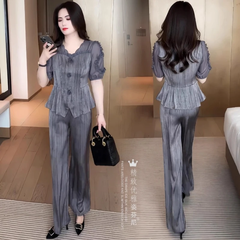 高级感时尚套装女夏季新款中年洋气收腰短袖上衣阔腿裤减龄两件套