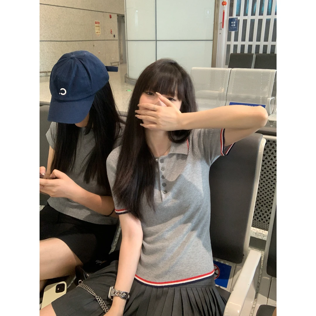 夏季灰色针织衫POLO短袖百搭灰色翻领撞色拼接毛线上衣 NB-M9009