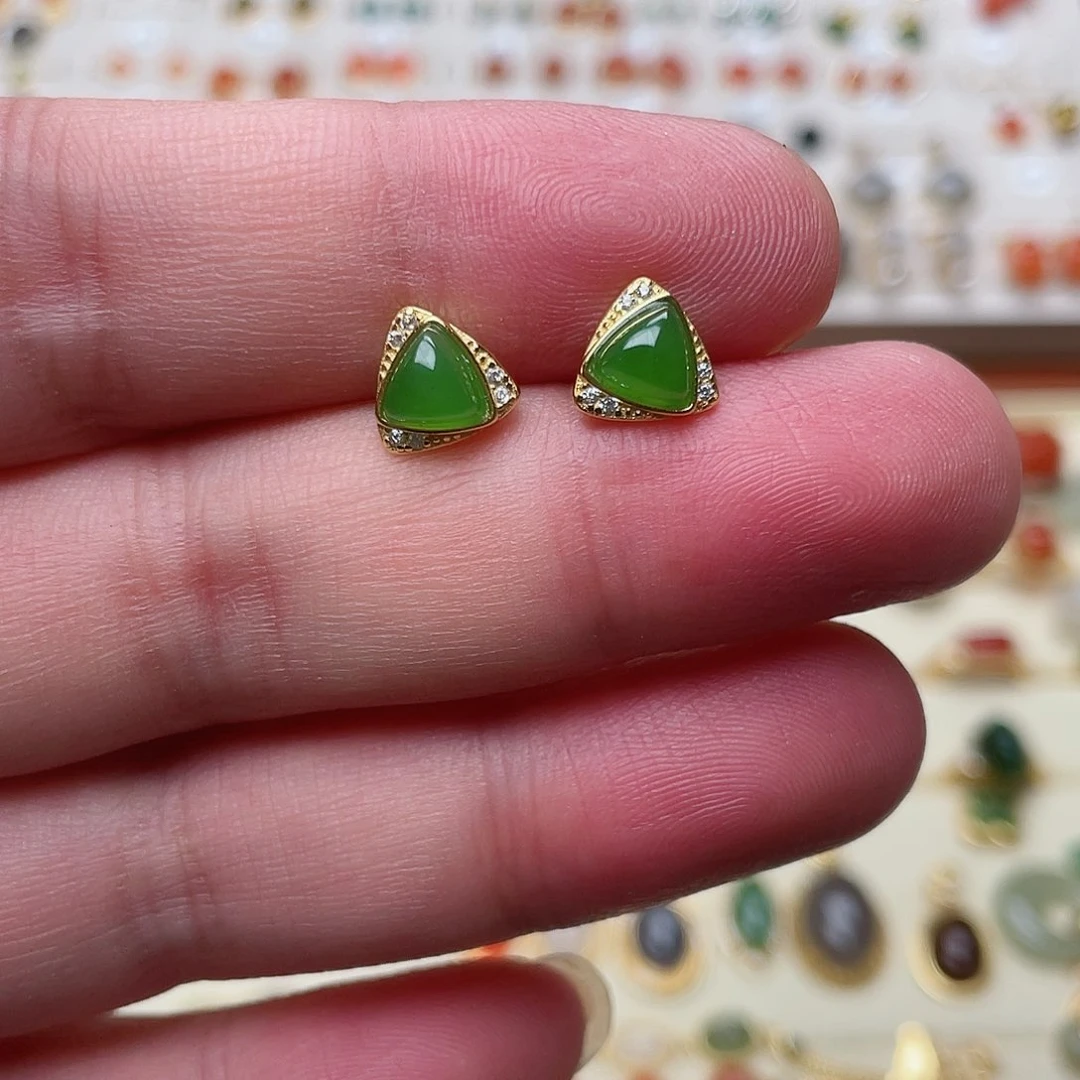 和田玉耳钉银S925镶嵌