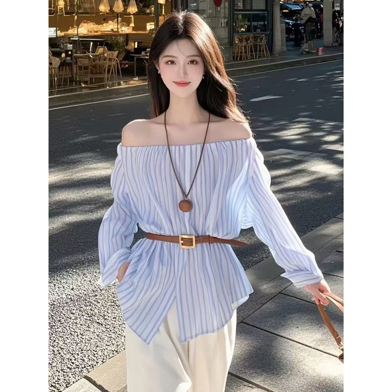 小众设计感一字肩蓝色条纹衬衫女2025年秋季新款宽松长袖上衣