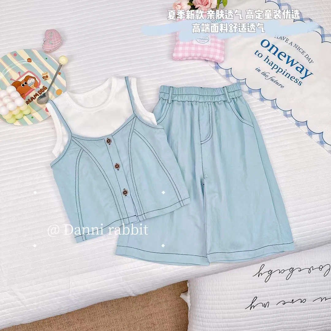 【Dannirabbit】*夏季女童三粒扣牛仔吊带三件套【七分裤】*X-7573