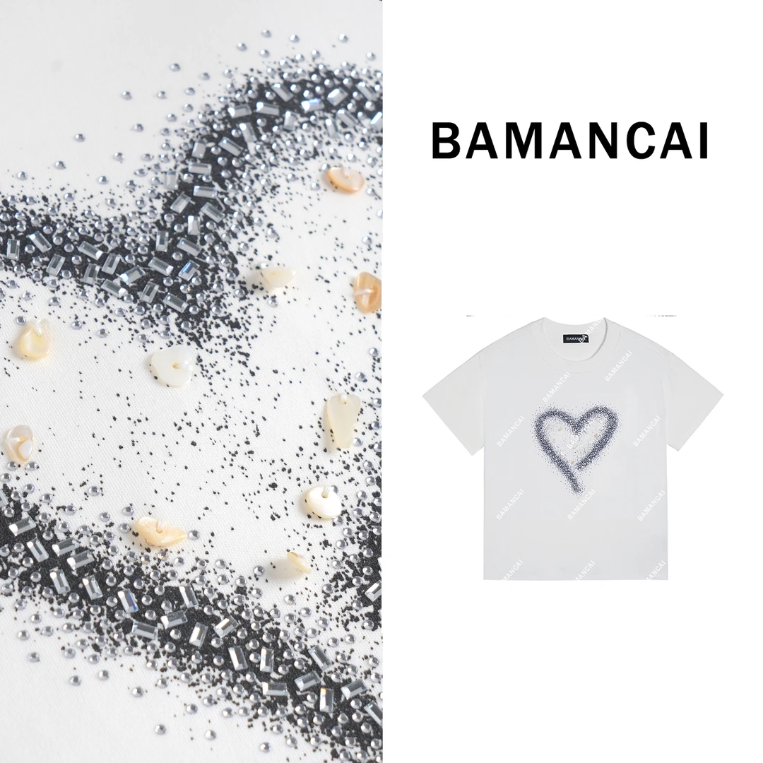 Bamancai-高级感重工亮片爱心短袖T恤女夏季新款时尚简约宽松上衣