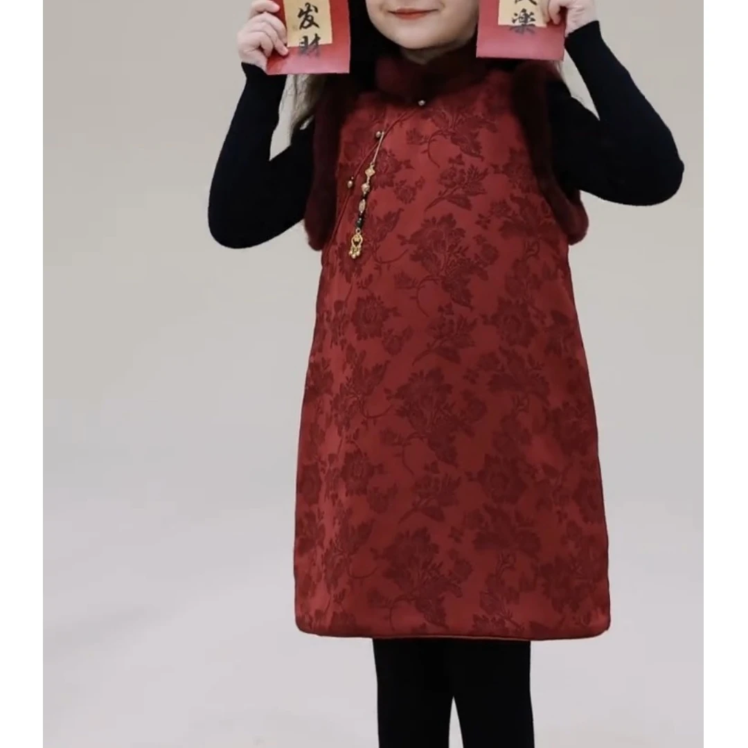 女童加厚新中式马甲裙秋冬季新款女宝中国风改良旗袍连衣裙拜年服