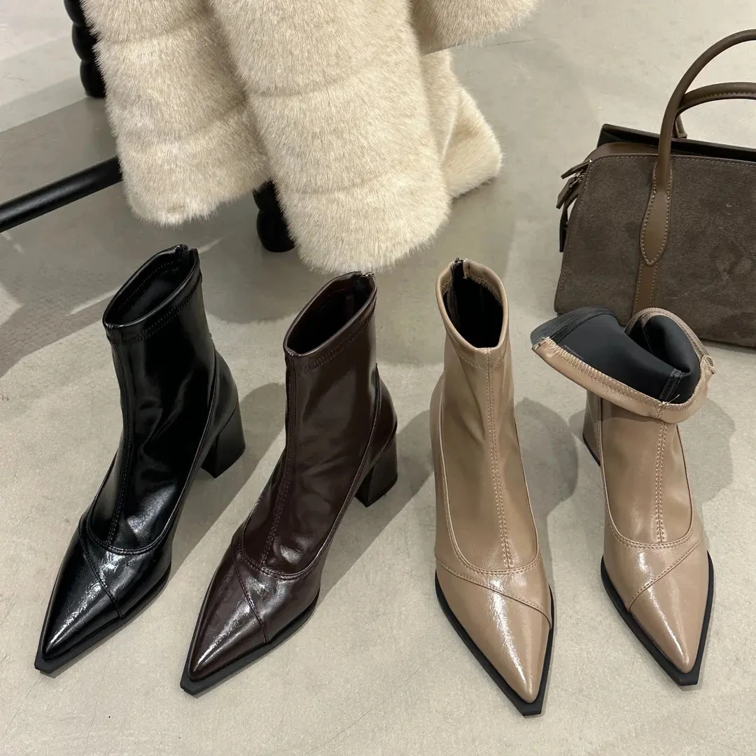 2025加绒秋冬法式黑色尖头粗跟软皮瘦瘦靴后拉链欧美风女短靴