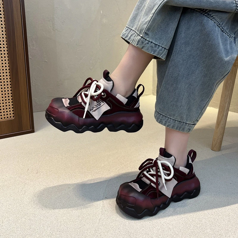 小众复古拼色真皮老爹鞋2025春款头层牛皮大圆头厚底运动休闲女鞋