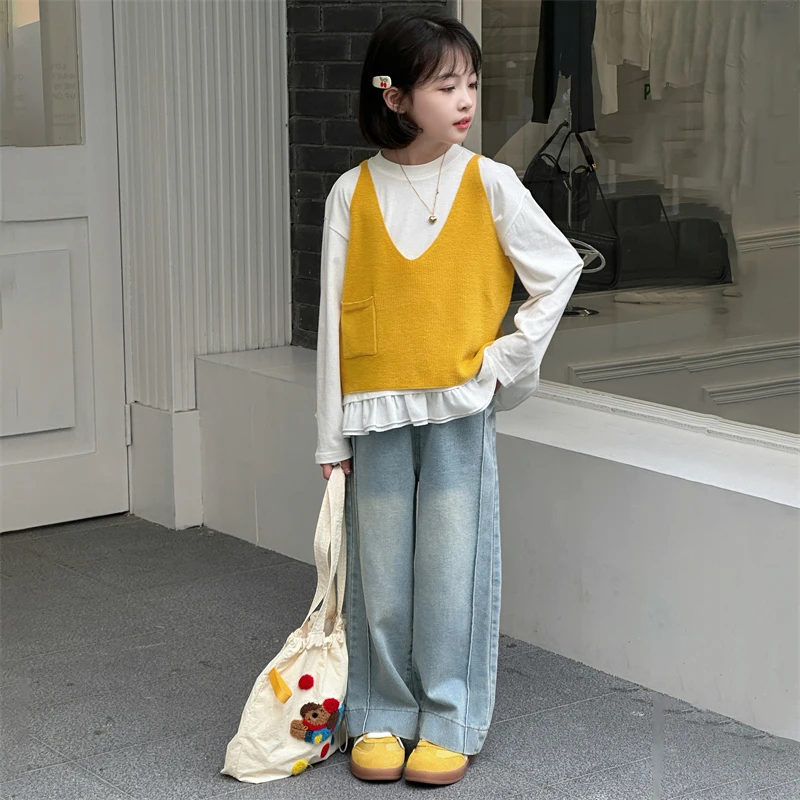 女童春秋韩系蕾丝打底马甲套装2025新款中大儿童6-12岁15岁牛仔裤