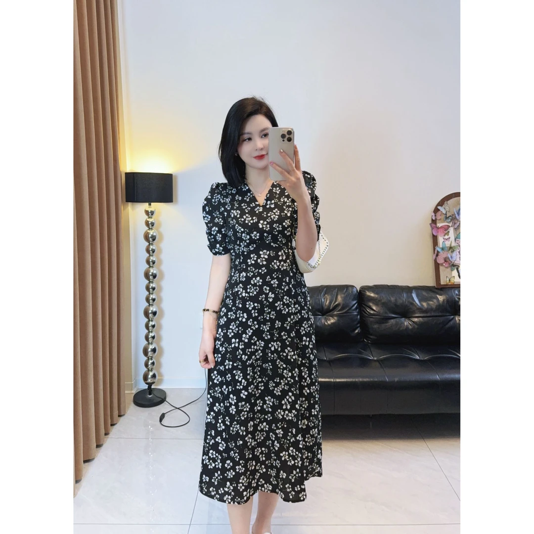 【一路生花】茶歇裙新法式中长裙夏季连衣裙印花泡泡袖V领碎花