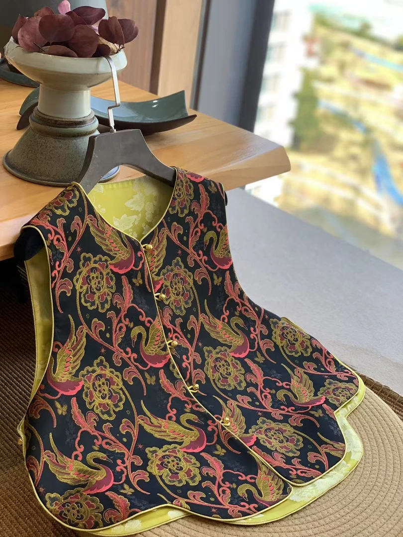 聆夏质造【天鹅湖】 双面双穿双色新中式国风无袖提花圆领马甲女