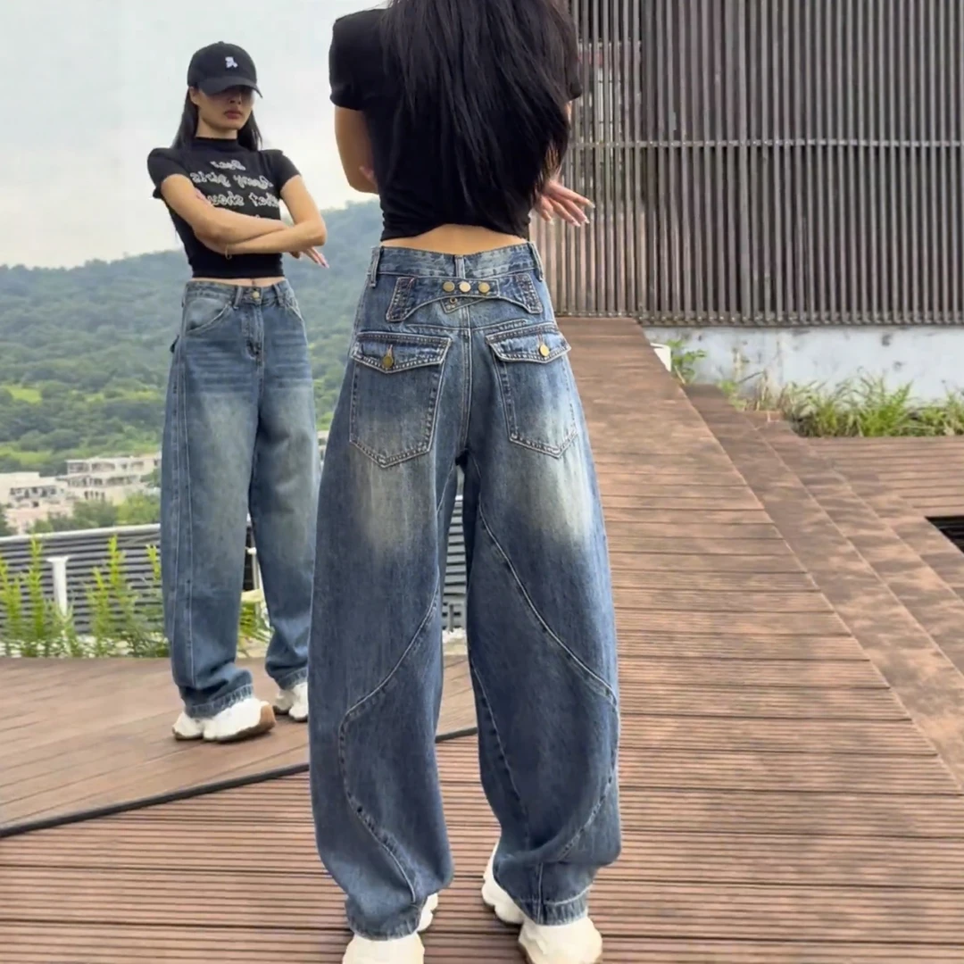 FAVMARTHA大码弯刀阔腿牛仔裤女秋季2025新款胖mm显瘦宽松美式高