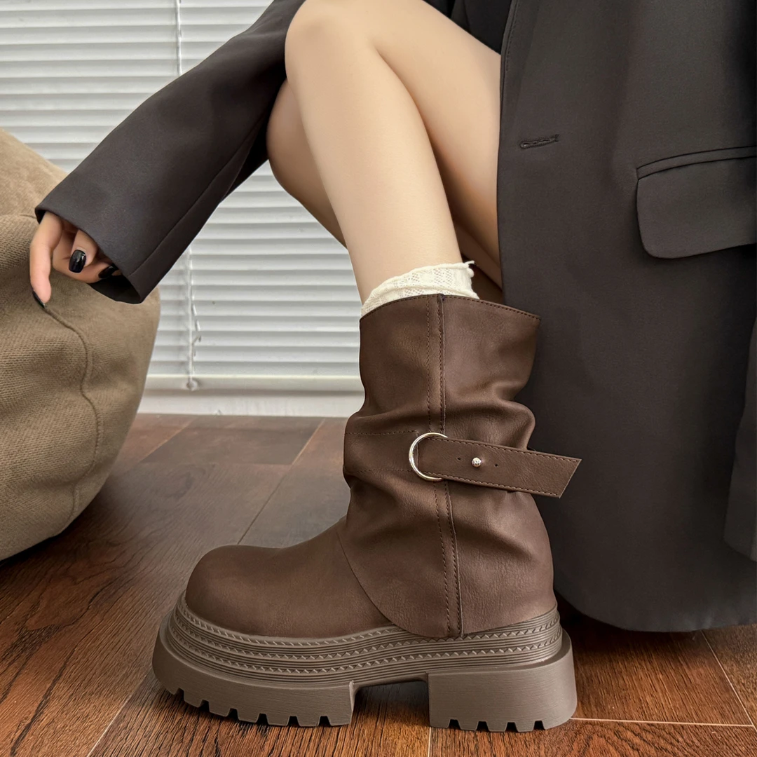 棕色牛仔厚底马丁靴女2025春秋新款百搭裤管靴英伦风美拉德短靴子