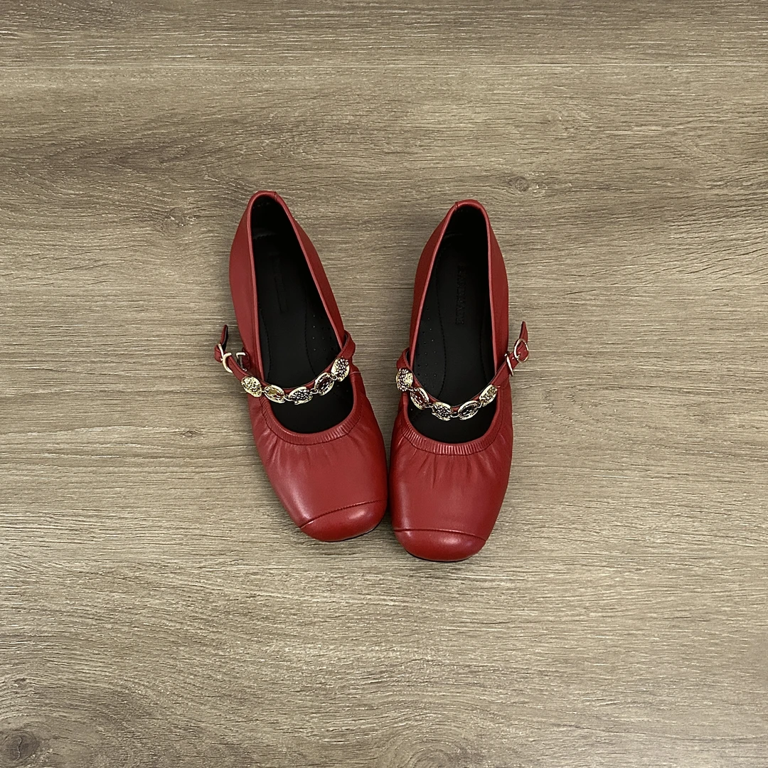 Dannyfrey复古精致小红鞋玛丽珍女士软底百搭真皮平底通勤单鞋